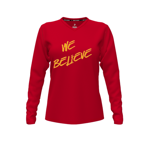 [FTLVCFRD-FYXS-LOGO2] Decker Comfort T-Shirt (Female Youth XS, Red, V Neck, Logo 2, Long Sleeve)